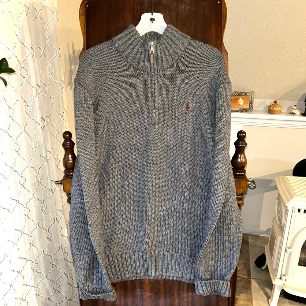 Polo Ralph Lauren Sweater MENS Large GRAY Cotton Long Sleeve 1/4 Zip Mock Neck